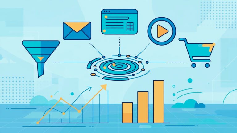 Ilustración: plataforma todo en uno con embudo de ventas, email marketing, web y cursos online