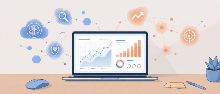Ilustración de un portátil con gráficos de SEO y palabras clave, sobre el uso de Semrush y la IA para el posicionamiento de un negocio.