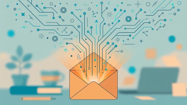 Ilustración de un sobre de email del que salen circuitos de inteligencia artificial, sobre un escritorio moderno