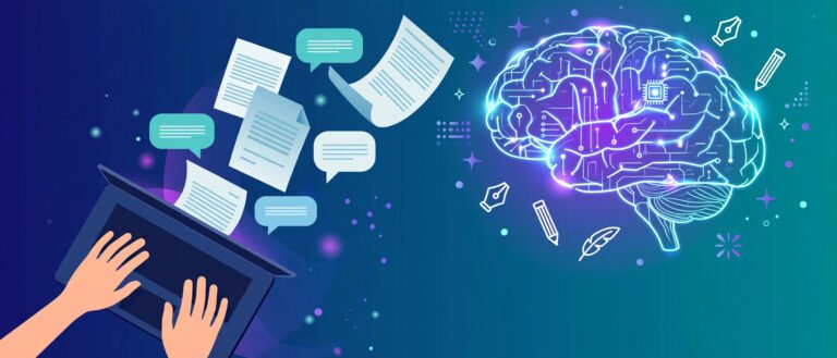 Ilustración de una IA generando textos de marketing: manos en un portátil con páginas flotando hacia un cerebro de circuitos