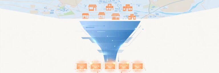 Ilustración de un embudo de prospección con IA: negocios locales sobre un mapa que se convierten en emails personalizados.