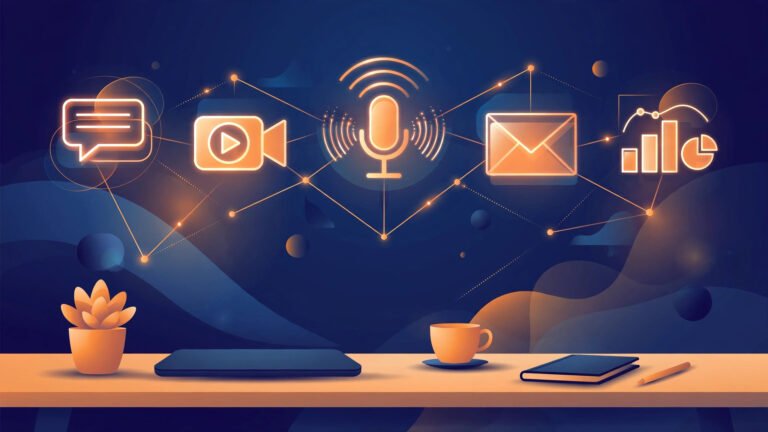 Ilustración de herramientas de IA para marketing: textos, vídeo, voz, email y analítica